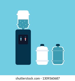 Water cooler with empty and full bottle. Refreshment and bottle office, plastic and liquid. Vector illustration