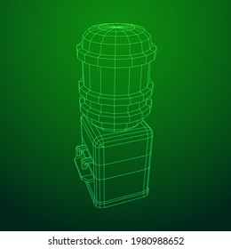 Refrigerador de agua con botella completa. Concepto de oficina de actualización. Ilustración vectorial de malla baja de malla de alambre