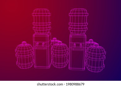 Wasserkühler mit voller Flasche. Konzept des Erfrischungsbüros. Wireframe Low-Poly-Mesh, Vektorgrafik