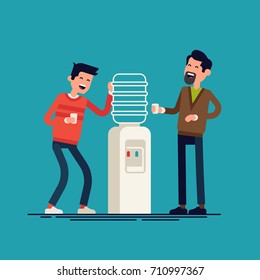 Water cooler gossip concept illustration. Cool vector flat character design on two men talking to each other near office water cooler