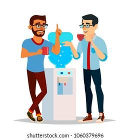 Water Cooler Gossip Vector. Modern Office Water Cooler. Laughing Friends, Office Colleagues Men Talking To Each Other. Communicating Male. Isolated Flat Cartoon Character Illustration