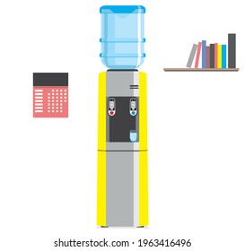 Water cooler for home and office. Office plastic bottle for cold and hot liquids. Gray and yellow water cooler with blue full bottle and cup. Vector illustration isolated.