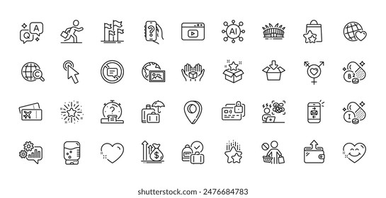 Water cooler, Loyalty points and Get box line icons pack. AI, Question and Answer, Map pin icons. Wallet, Stop shopping, Smile face web icon. Video content, Heart, Mail pictogram. Vector