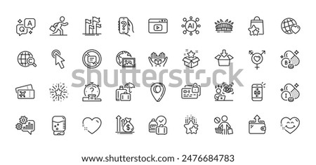Water cooler, Loyalty points and Get box line icons pack. AI, Question and Answer, Map pin icons. Wallet, Stop shopping, Smile face web icon. Video content, Heart, Mail pictogram. Vector
