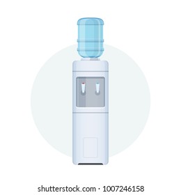 Water cooler for office and home. Bottle office, plastic and liquid. Gray water cooler with blue full bottle and cup. Vector illustration isolated.