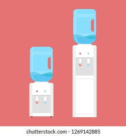 Water cooler for office and home. Bottle office, plastic and liquid. Gray water cooler with blue full bottle and cup. Vector illustration