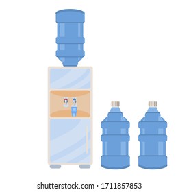 Water cooler for office and home. Office bottles, plastic and liquid. Water dispenser isolated on a white background . Vector illustration in flat style