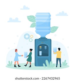 Water cooler for office or home vector illustration. Cartoon tiny people holding glass cups to drink clean pure water from dispenser machine with portable blue plastic gallon full of liquid and taps
