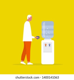 Water cooler. Office. Young male manager holding a cup. Coffee break. Flat vector illustration