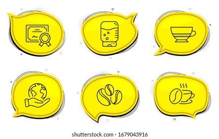 Water cooler sign. Diploma certificate, save planet chat bubbles. Bombon coffee and Coffee cup line icons set. Cafe bombon, Roasted bean, Office drink. Food and drink set. Vector