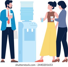 Water cooler talk. Colleagues chat and gossip. Office people