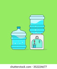 Water cooler vector badge illustration, outline concept, dispenser flat icon shape label, full bottles of water, fresh flowing in glass cup symbol, sticker isolated, pictogram design filtration tool