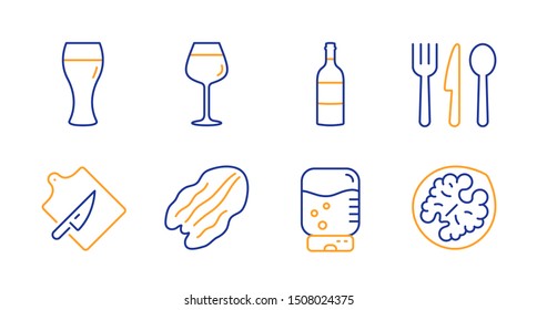 Water cooler, Wine bottle and Bordeaux glass line icons set. Pecan nut, Cutting board and Food signs. Beer glass, Walnut symbols. Office drink, Cabernet sauvignon. Food and drink set. Vector