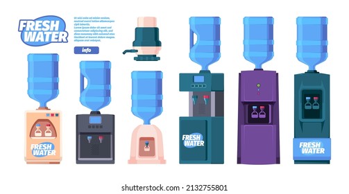 Water coolers. Tanks with cold and hot drinking water stationary systems for office workers garish vector colored flat illustrations