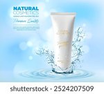 Water cosmetic cream, product tube on ripple water with splashing drops, vector ad template. Natural moisturizing cosmetic package tube with golden text and water splash crown with splashing droplets