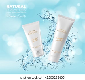 Kosmetikprodukt aus Wasser, weiße Tuben mit Wasserspritzer, Vektor und Schablone. Natürliche Bio-Kosmetik-Packungsschläuche mit goldenem Text, Handcreme oder Gesichtsfeuchtigkeitscreme in reiner Wasserspritzwelle