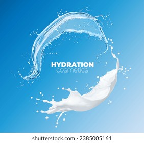 cosméticos de agua, efecto hidratante. El agua y la crema salpican. Aqua refrescante vectorial 3d realista salpicado combinado con crema nutritiva, dejando a su piel sensación revitalizada e hidratada