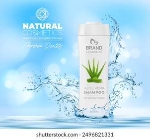 Botella de producto de champú de cosméticos de agua con salpicaduras de agua e ingrediente cosmético natural de aloe vera. Anuncio promocional de Vector con efecto bokeh ligero para hidratar y nutrir la línea de producción de cuidado del cabello