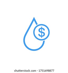 Water cost and save icon. Blue dollar symbol in water drop sign. Stock Vector illustration isolated on white background.