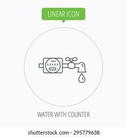 Water counter icon. Pipe with water drop sign. Linear outline circle button. Vector