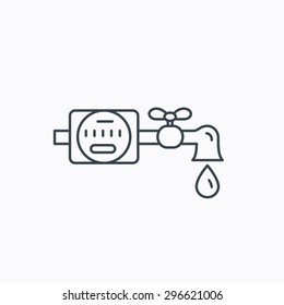 Water counter icon. Pipe with water drop sign. Linear outline icon on white background. Vector