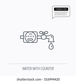 Water counter icon. Pipe with water drop sign. Linear outline icon. Speech bubble of dotted line. Vector