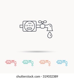Water counter icon. Pipe with water drop sign. Linear icons on white background. Vector