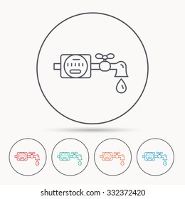 Water counter icon. Pipe with water drop sign. Linear circle icons.