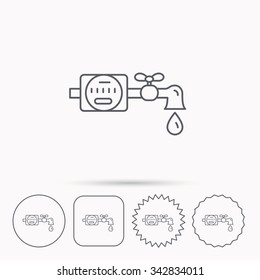 Water counter icon. Pipe with water drop sign. Linear circle, square and star buttons with icons.