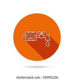 Water counter icon. Pipe with water drop sign. Round orange web button with shadow.