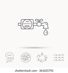 Water counter icon. Pipe with water drop sign. Global connect network, ocean wave and chat dialog icons. Teamwork symbol.
