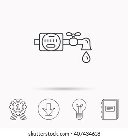 Water counter icon. Pipe with water drop sign. Download arrow, lamp, learn book and award medal icons.