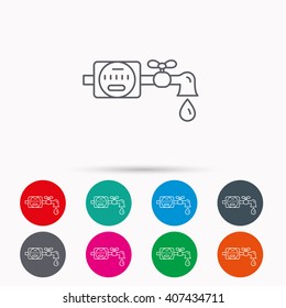 Water counter icon. Pipe with water drop sign. Linear icons in circles on white background.