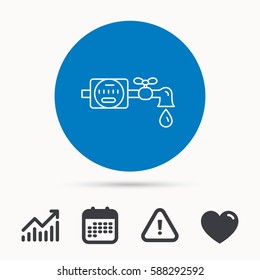 Water counter icon. Pipe with water drop sign. Calendar, attention sign and growth chart. Button with web icon. Vector