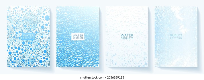 Water cover design set. Background with pure water drops pattern (bubbles). Blue vector template for drink menu, invite, brochure template, flyer