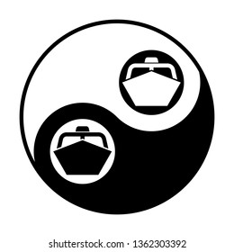 Water Craft Boat, Launch, Cutter, Launch Icon. Vector. Black And White Icon Inside Circles Of Yin And Yang Symbol  At White Background.