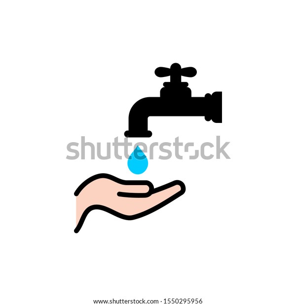 Water crane with hand vector icon. Flat style\
isolated wash hands symbol. Washing icon isolated on white\
background. Vector illustration.\
EPS10