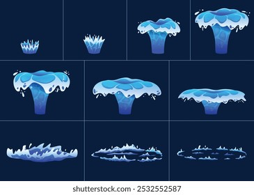 Water crown splash animation. Dynamic burst and splashing droplets with rebound effect and circular ripple. Fluid motion animated frames sequence cartoon vector set.