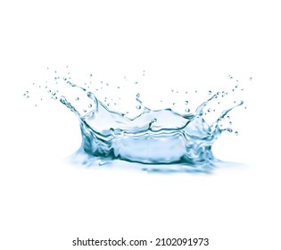 Water Crown Splash With Swirl And Drops 3d. Blue Liquid Water Surface With Realistic Vector Water Splatter Frozen Action, Ripples, Waves And Splashing Droplets On White Background