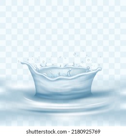 Water crown splash and wave swirl with drops. Transparent blue liquid splashing fluids with droplets, realistic 3d elements, fresh drink, clear aqua falling with air bubbles. Vector illustration