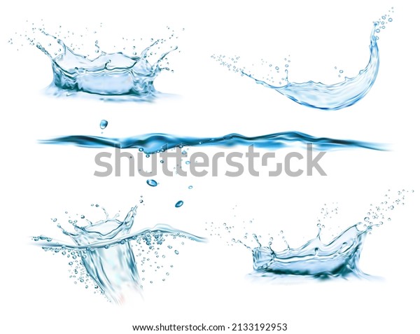 Water crown splash and wave swirl and drops.
Vector liquid splashing aqua dynamic motion, blue water flow with
spray droplets side view isolated on white background, realistic 3d
pure water splashes