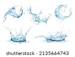 Water crown splashes and wave swirl with drops. Vector transparent blue liquid splashing fluids with droplets, isolated realistic 3d elements, fresh drink, clear aqua falling or pour with air bubbles