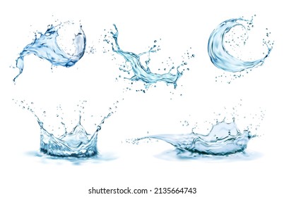 Water crown splashes   wave swirl and drops  Vector transparent blue liquid splashing fluids and droplets  isolated realistic 3d elements  fresh drink  clear aqua falling pour and air bubbles