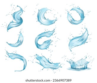 Water crown splashes and wave swirl with drops, realistic design. Vector clear aqua falling or pour with air bubbles. Blue liquid splashing fluids with droplets, isolated fresh drink 3d elements