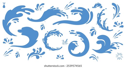 Water crown splashes and wave swirl with drops. Vector transparent blue liquid splashing fluids with droplets, isolated realistic 3d elements, fresh drink, clear aqua falling or pour with air bubbles