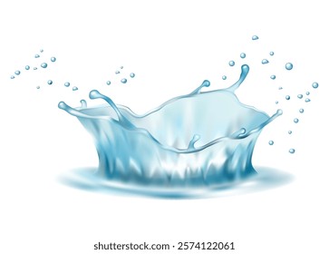 Water crown splashes and wave swirl with drops, isolated fresh drink 3d element. Vector splashing water and droplets, bubbles and aqua splatter illustration. Round crown of clear water fluid