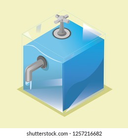 Water cube whit quill close. Glass cube. Axonometric perspective 