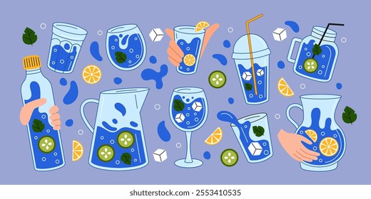 Water cup. Hand holding bottle, glass of fitness equipment. Plastic recycling. Drink h20 in jug, jar with cold beverage and lemon and cucumber linear illustration. Vector flat drawing tidy cartoon set