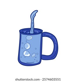 Water cup with liquid pour in flat design. Beverage with wet flowing. Vector illustration isolated.