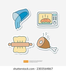 Water Cup, Oven or Microwave, Rolling Pin, Grilled Meat. Cooking Doodle Sticker Icon Set Vector Illustration